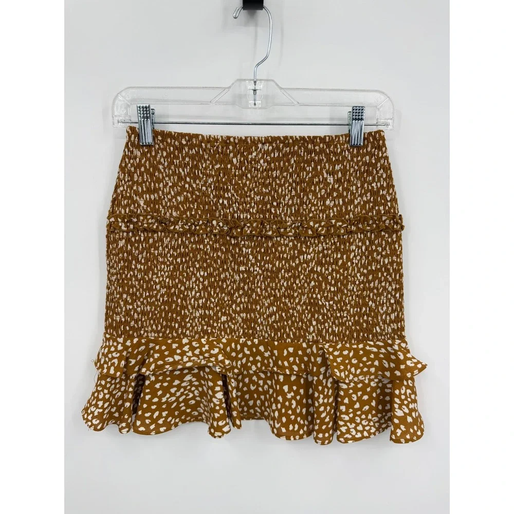 ACOA Smocked Ruffle Mini Skirt Womens Small‎ Brown Animal Print ACE60021